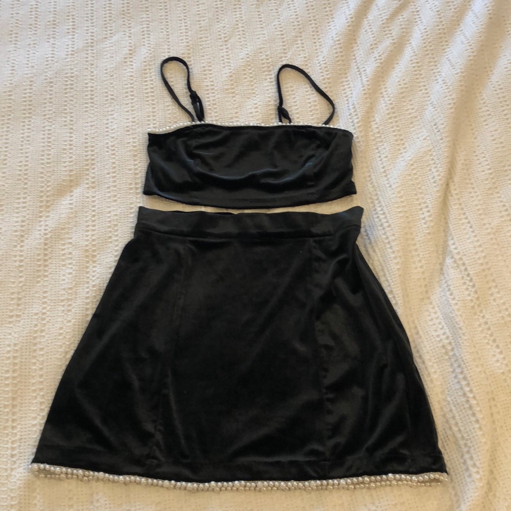 Black Velvet mini skirt and tank cami with pearl detail